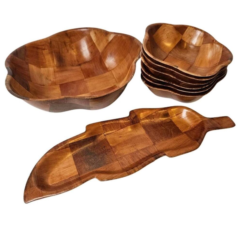 Vintage mid century bowl set, pressed and woven wood construction.